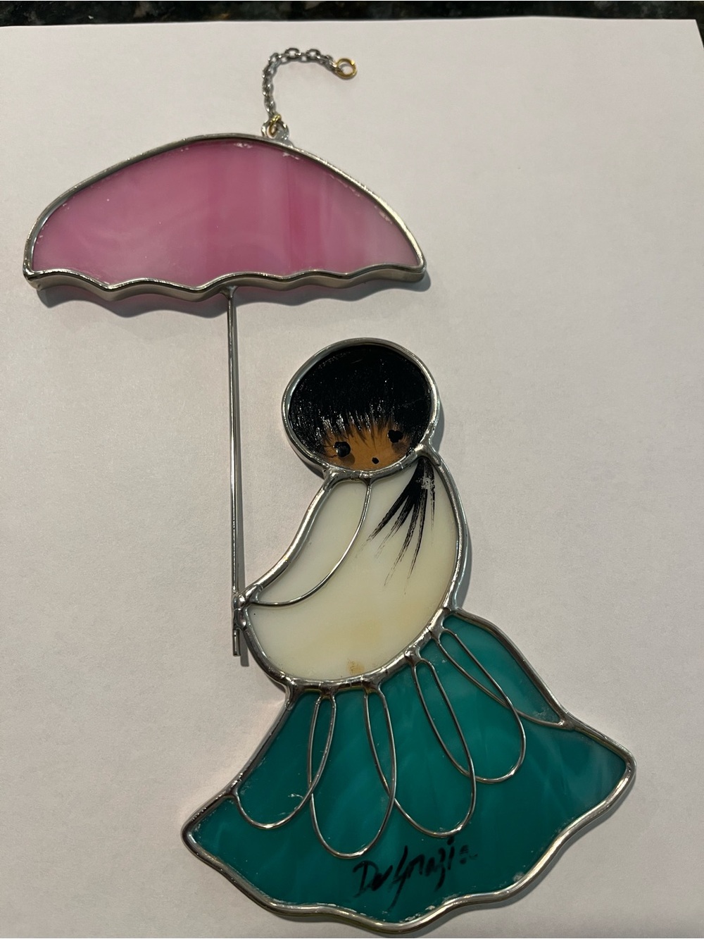 DeGrazia Stained Glass Native American Young Girl W/ Pink Umbrella.Vintage 1970s
